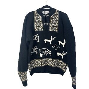 Vintage Wool Nordic Black‎ Sweater Pewter Clasps Reindeer Pattern Unisex Knit